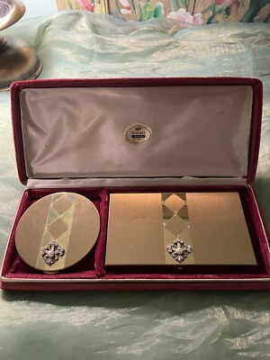 2 in 1 compact mirror cigarette case VTG Wadsworth Cigarette Compact Mirror Set Gold Tone Etched Gemstone  Stylish