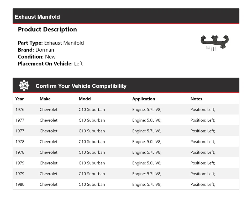 Coletor de escape esquerdo 1977 1978 1979 Chevrolet C10 Suburban Dorman 1976-1980 - Imagem 2 de 4