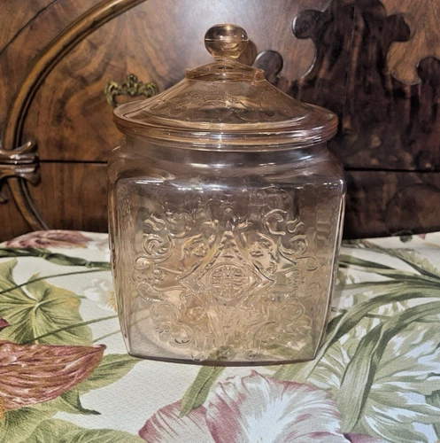 Vintage Pink Depression Glass Madrid Cookie Jar w/ lid Hazel Atlas Beautiful!