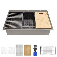 33 X 22 In. Drop-In Workstation Kitchen Sink 16-Gauge Black Stainless Steel, Top