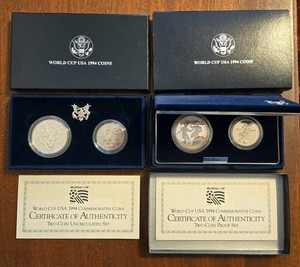 1994 WORLD CUP USA Two-Coin Proof AND Uncirculated Sets OGP & COA 90% Silver