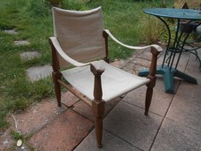 Ancien Fauteuil Safari Vintage 1950-60 Bois et Lin Wilhelm Kienzle