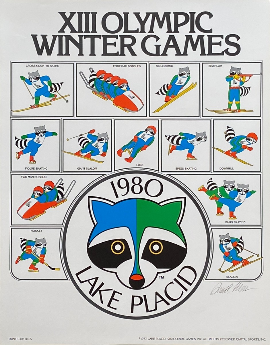 1980 Winter Olympics Poster -Lake Placid Raccoon -Signed by Artist