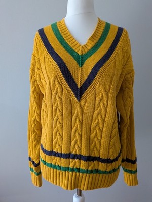 Vintage 90er Jahre Gap dicker Strickpullover aus Baumwolle in senfgelb mit Streifen.