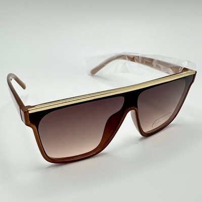 Sunglasses Flat Shield Lens Eyewear Brown & Gold Tone Plastic Frame 100% UV