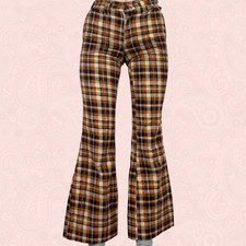 Vintage 60s 70s Orange Blue Plaid Velvet Corduroy Flare Bell Bottom Pants 25"