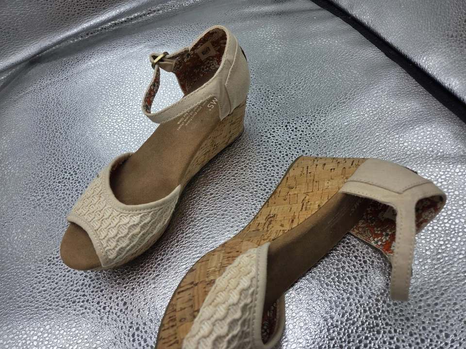 Toms Cork Wedge Beige Cotton Straps Platform Sling Back Shoes Sandals 6.5 - Image 4 of 4