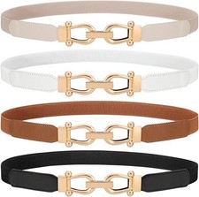 4 Pack Women Skinny Elastic Waist Belt Gold Buckle Stretchy Thin Belt for Jea...