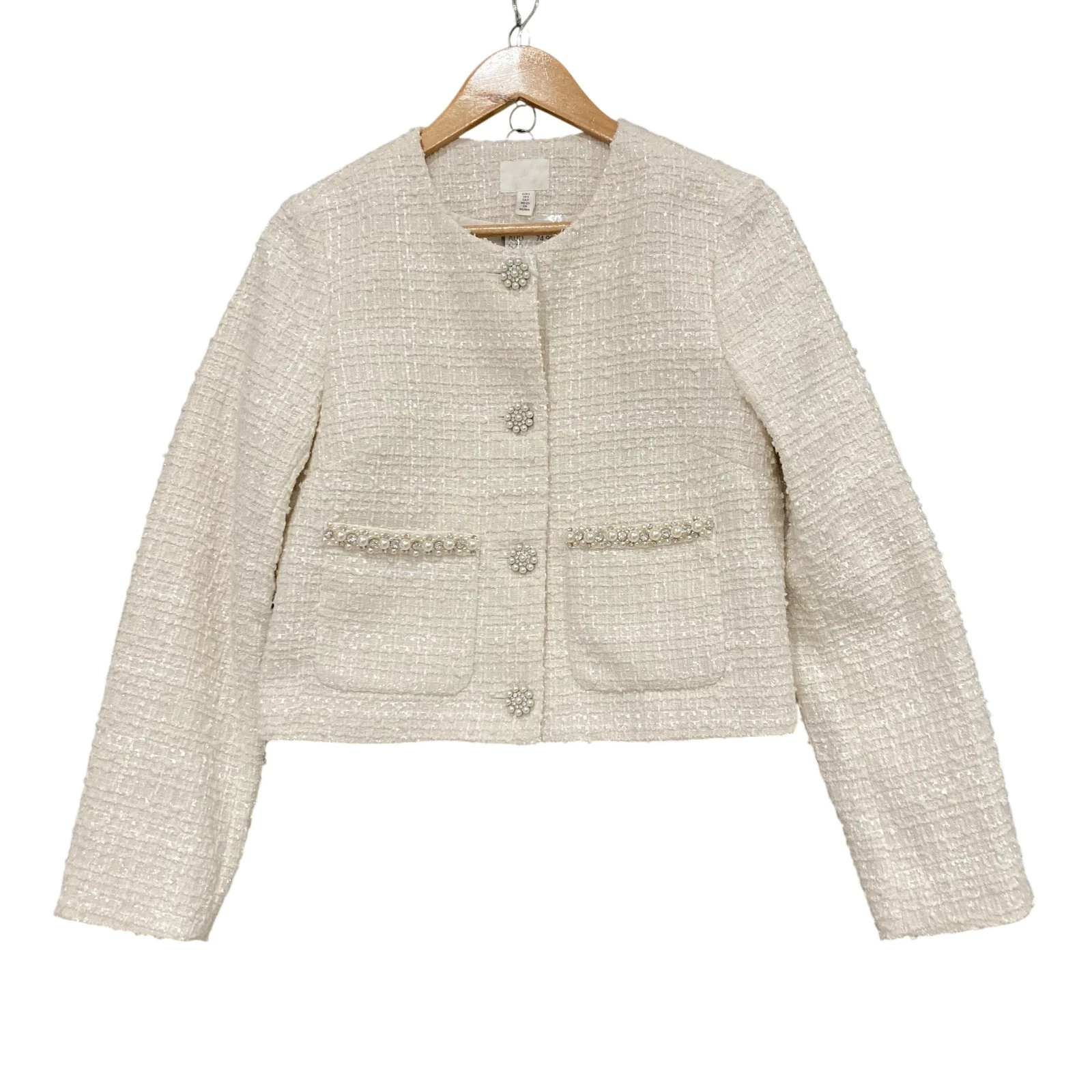 H&M Jacket Womens S White Tweed Pearl Beaded Button Short Lined Party Occasion
