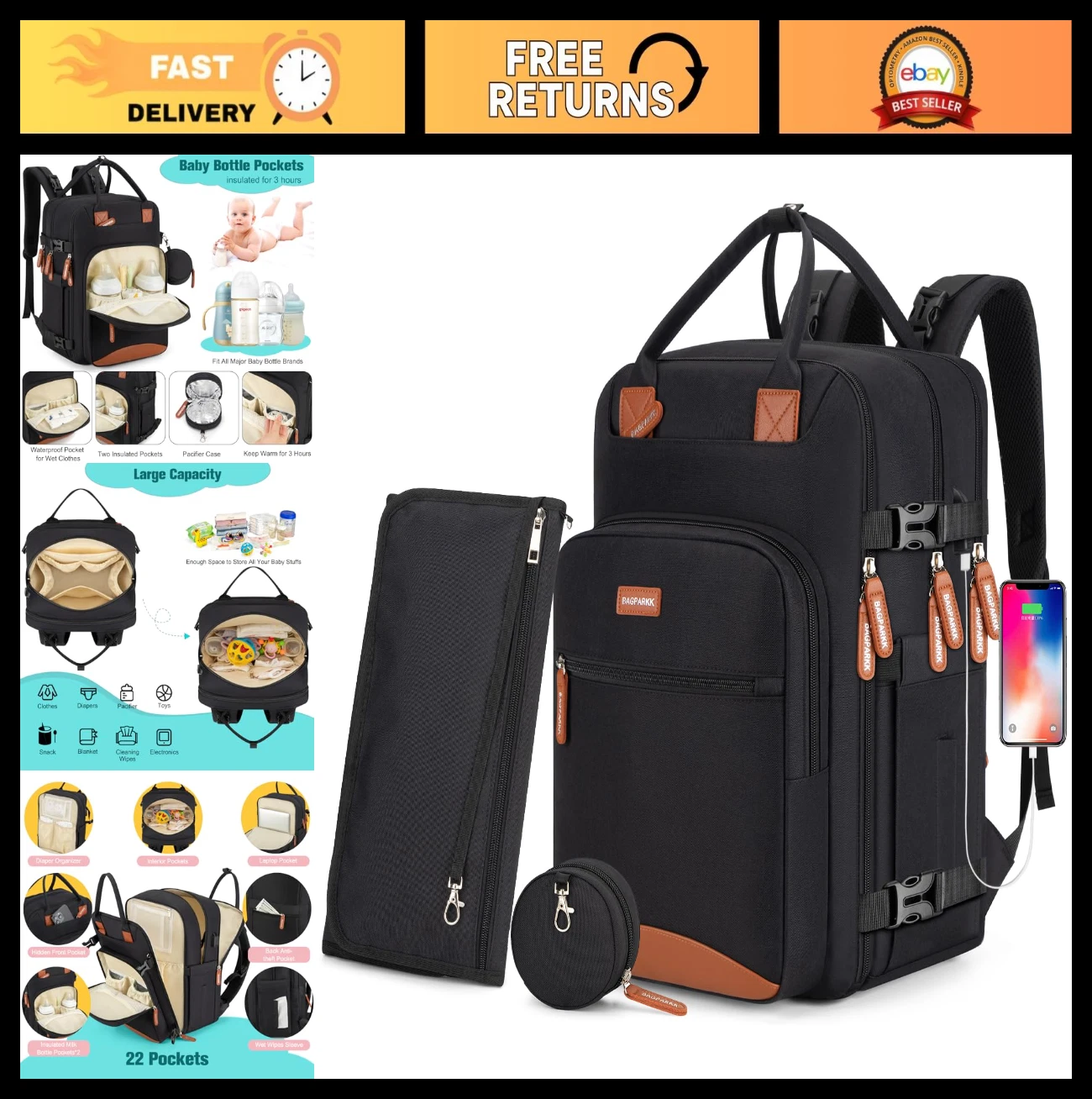 Multi-Function Diaper Bag Backpack with Changing Pad, USB Port, Waterproof, Anti