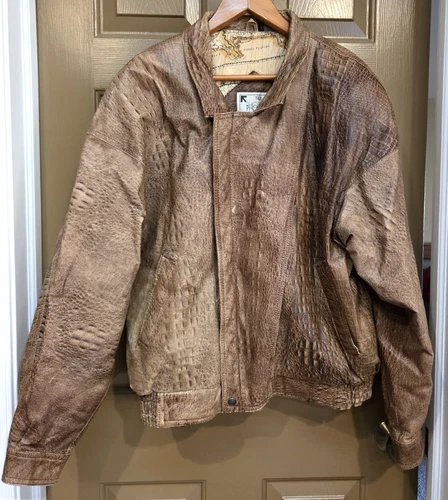 Vintage Phase 2 Leather Jacket Croc Print Map Liner Sz XL Brown Bomber - product listing photo