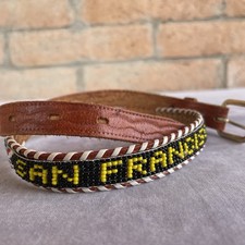 Sz 28 Vintage Beaded Tooled Brown Leather Western Belt Souvenir San Francisco