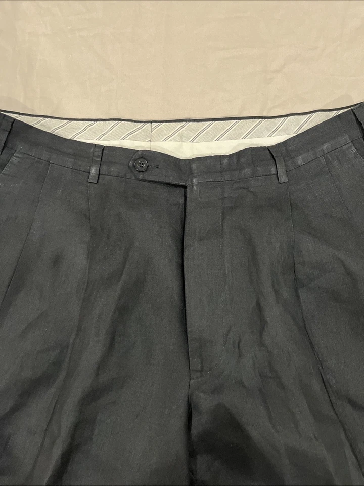 ERMENEGILDO ZEGNA 100% LINEN MENS BLACK PANTS 38x32 MADE IN PORTUGAL *READ* - Image 2 of 4