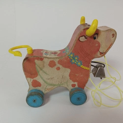 Fisher Price Bossy Bell Cow Wooden Pull Toy Bell Wood Vintage 1960s