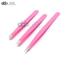 3 Slant  Pointed Tweezers Set Eyebrow Ingrown Facial  Nose Hair Pink Color