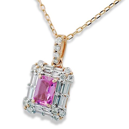 Anhänger an kette pinker Saphir Brillanten Diamantbaguetten 750er Roségold - Picture 2 of 2