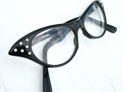 VINTAGE NOS BLACK CAT EYE GLASSES CATS EYE EYEGLASSES FRAMES RHINESTONES  TAIWAN