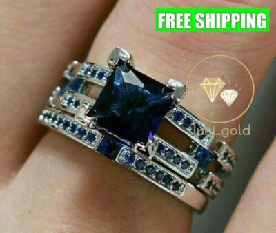 Women 3Ct Princess Simulated Sapphire Trio Set Wedding Ring 14k White Gold Over