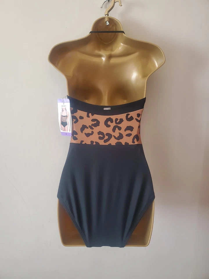 Traje de baño de una pieza DKNY negro y estampado de leopardo bandeau cuello halter talla UK 8 nuevo Foto 3 de 4