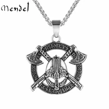 MENDEL Mens Norse Viking Axe Rune Pendant Necklace Stainless Steel Amulet Chain