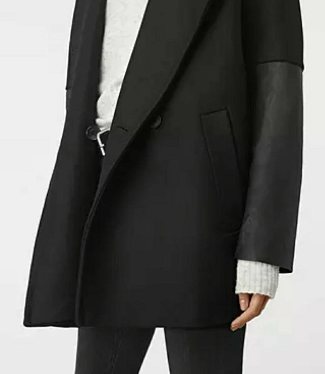 AllSaints Meade Lea Oversized Long Wool Coat Leather Sleeves Black UK6