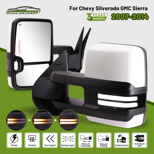 Painted White Tow Mirrors For 07-14 Silverado Sierra Power Heated LED Switchback