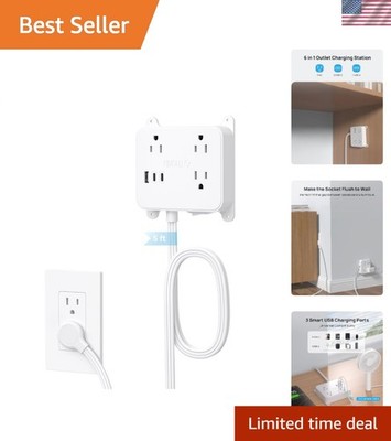 5FT Ultra-Thin Flat Plug Power Strip with 3 AC Outlets & USB Ports - Space Saver