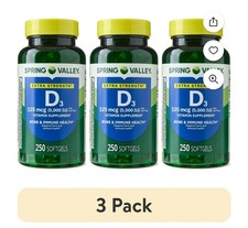 3 Pack Spring Valley Vitamin D3 Softgels, 125 mcg per Softgel, 5,000 IU, 250 Ct