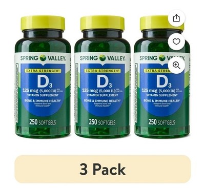 3 Pack Spring Valley Vitamin D3 Softgels, 125 mcg per Softgel, 5,000 IU, 250 Ct