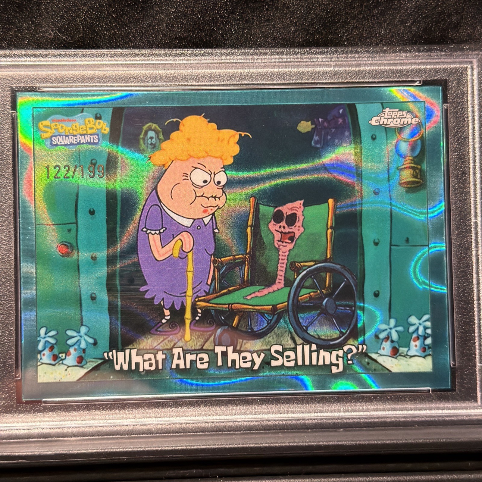 PSA 9 “What Are They Selling?” /199 Aqua Lava SpongeBob Topps Chrome 2025 view 3