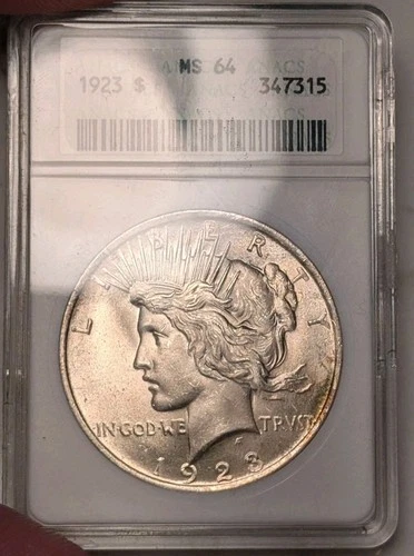 1923 Peace Silver Dollar - ANACS MS64 - Soapbox Holder - Slight Toning