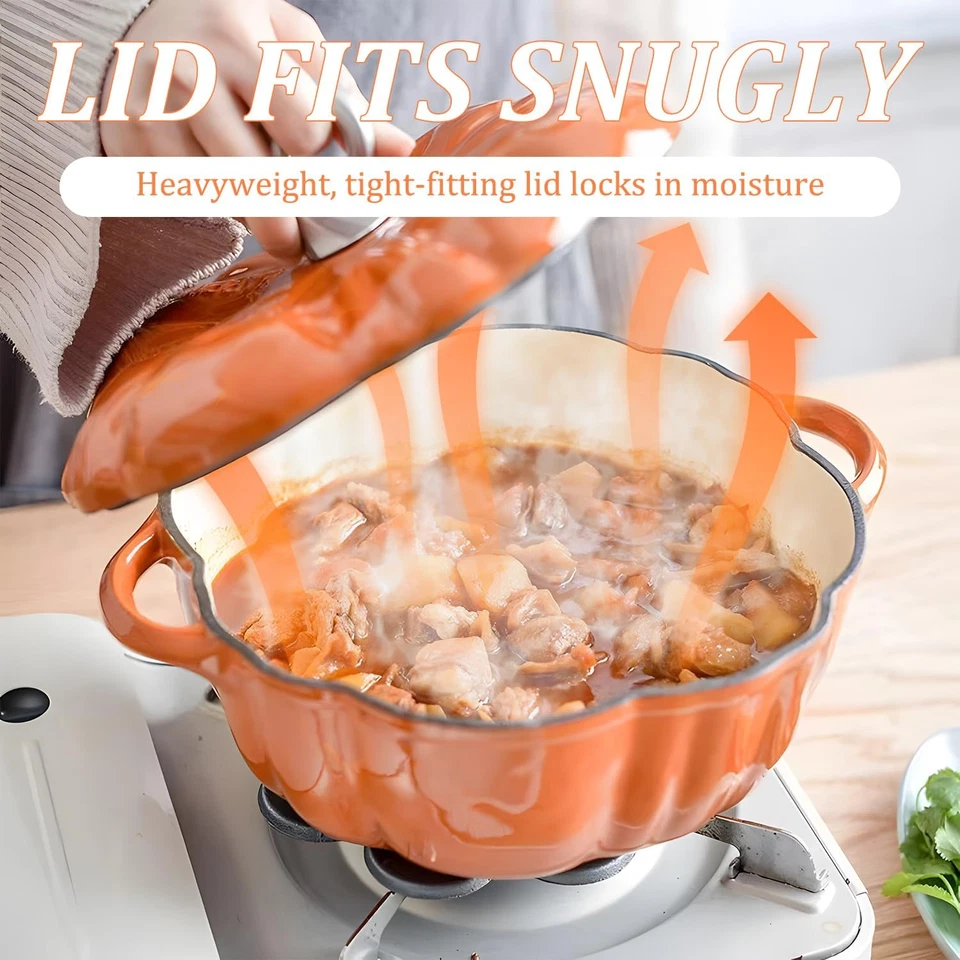 Pumpkin Cast Iron Dutch Oven, 4Qt Pumpkin-Shaped Cocotte, Enamel Cast Iron Cooki - Image 4 of 4