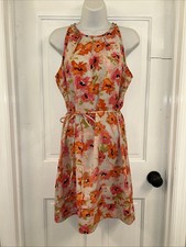 Ann Taylor Loft Dress Size 6 Spring Floral Shift Pink & Orange Tie @ Waist