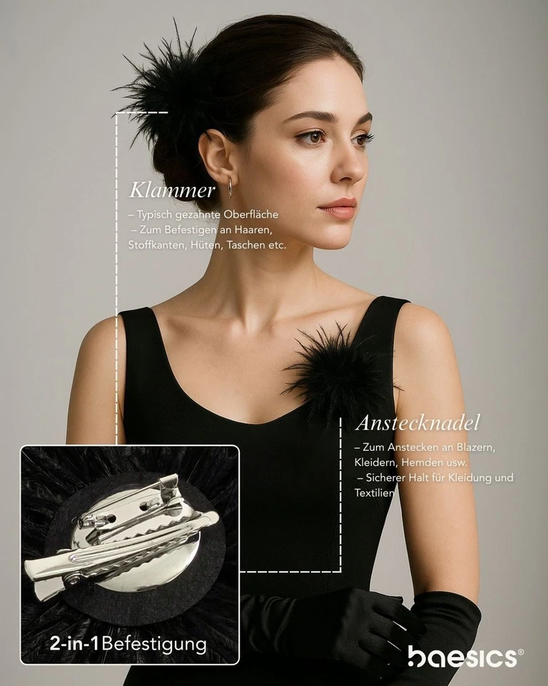 Feder Brosche aus Straußfedern mit Anstecker, Hutaccessoire, Haarclip Baesics - Bild 2 von 4