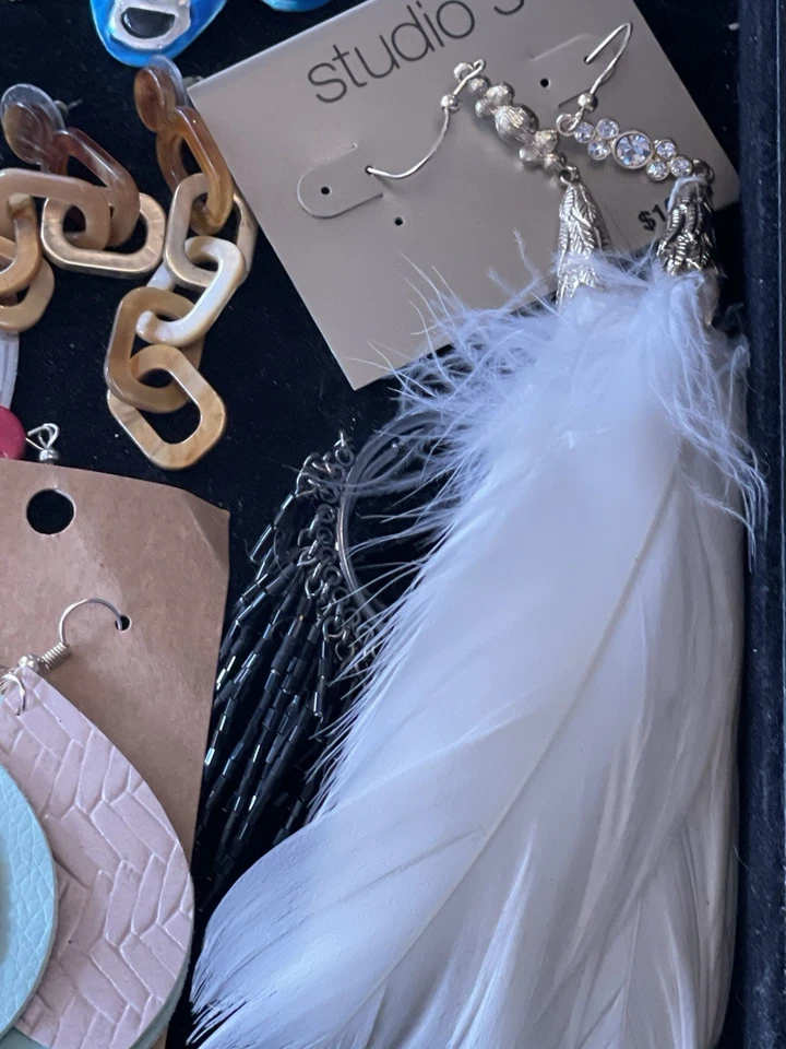 Lot 15 Boho Statement Earrings Lucky Brand Feathers Leather Skull Art Hoops Mixe - Image 4 of 4