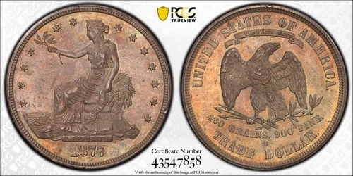 1877-S Trade Dollar - PCGS AU55 T$1 Gold Shield w/ Trueview - Golden Toning!