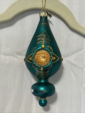 Finial Blown Glass Ornament 6  Teal w/Gold Glitter