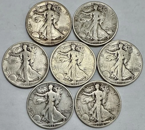 Lot of 7 1918-S Walking Liberty Half Dollars VG-F Details