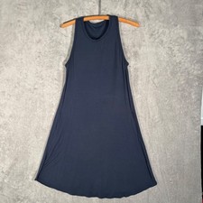 Shebird Swing Dress Size 3 Built in Bra Navy Blue Gathered Neck Pockets Midi