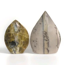 Lot Of 2 Green Opal & Dendritic Jasper Teardrop Freeform Ornament Flames - USA