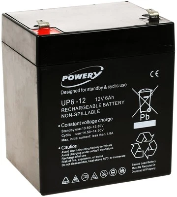 Batería de gel de plomo Powery 12V 6Ah (reemplaza 4,5Ah, 5Ah) 12V 6Ah/72Wh plomo ácido negro