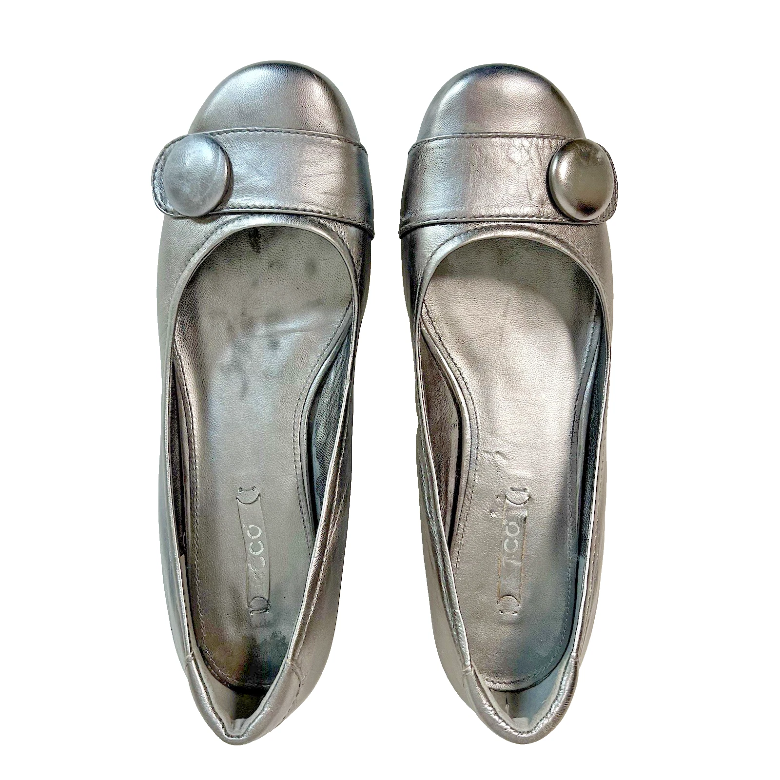 Scarpe basse Ecco Owando argento bottoni donna US 8 EU 39 slip on comode abbigliamento da lavoro