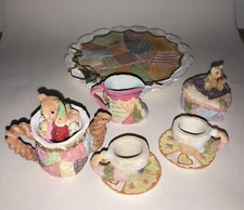 Miniature Resin Patchwork Christmas Tea Set Cups Saucers Teapot Sugar Cream Tray