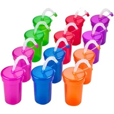 Playbees Neon Sipper Cups - 6 Oz. - Colorful Spill-Proof Cups with Lids and S...