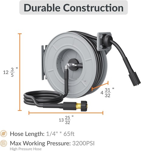 Giraffe Tools Retractable Power Pressure Washer Hose Reel 1/4" x 65 ft, 3200PSI - Picture 2 of 7