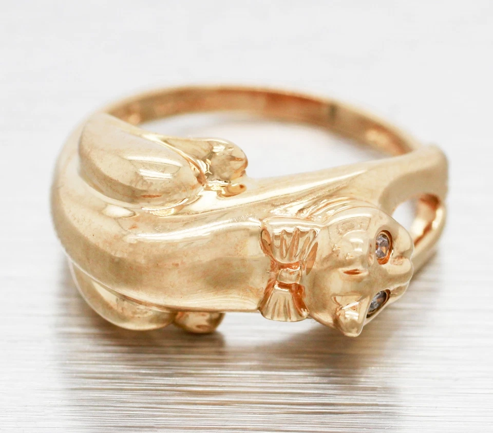 Anillo de pajarita de gato con ojos de diamante de diseñador - oro amarillo de 14 k gatito talla 5,25 Foto 2 de 4