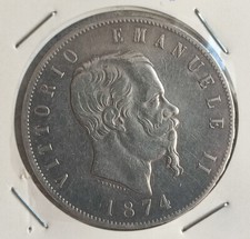 5 LIRE 1874 - MILANO - VITTORIO EMANUELE II - REGNO D'ITALIA - ARGENTO 900%