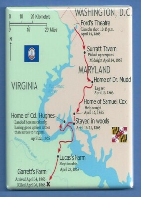 ESCAPE ROUTE MAP OF JOHN WILKES BOOTH *2x3 FRIDGE MAGNET* ASSASSINATION LINCOLN