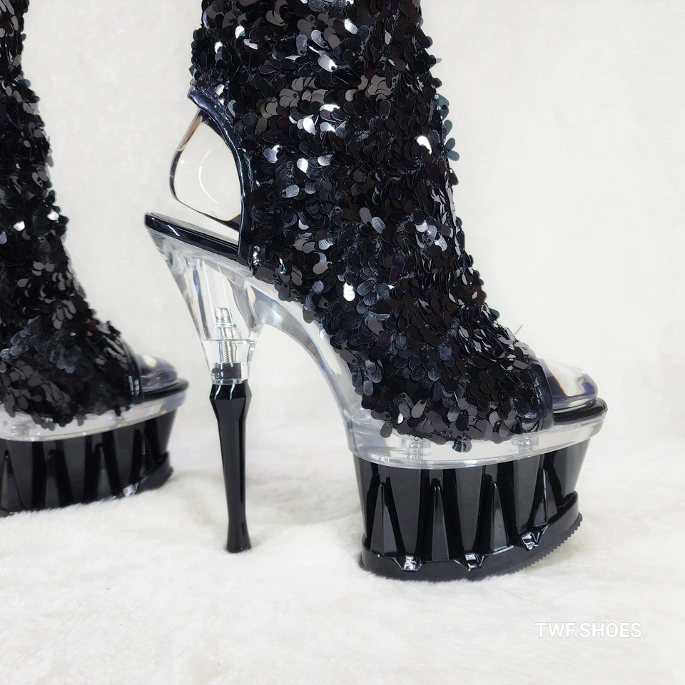 Pleaser Spiky Black Sequin Knee Boots Spiked Design Platform - Image 2 of 4