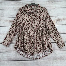 Umgee USA Floral Corduroy Tunic Top Women's Size Small Tan/Purple/Green